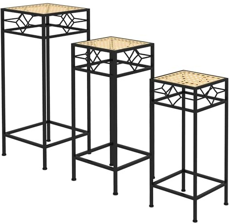 Outsunny 3-tlg. Pflanzenständer Stapelbarer Blumenhocker Blumentopfhalter mit Rattanoptik Pflanzenhocker für Garten Balkon Metall Gold