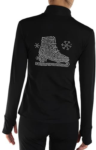 Youthful flying Eiskunstlauf Jacke Damen Mädchen Eislauf Trainings Tops mit Strass und Daumenloch(Size:XXS,Color:Schwarz-Dünn)