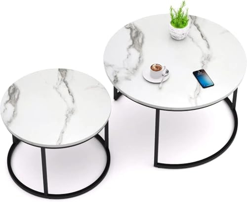 Home Heaven® runt soffbord i marmor, 2-pack – runt soffbord i vit marmorlook med svart metallstomme – modernt bord för vardagsrum, sovrum & balkong, Ø70/Ø50 cm
