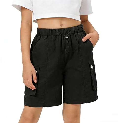 Rolanko Flickor Sommar Aktiva Sportshorts Cargo Shorts Barn Gym Korta Fallskärmsbyxor, Svart, 11-12 �r