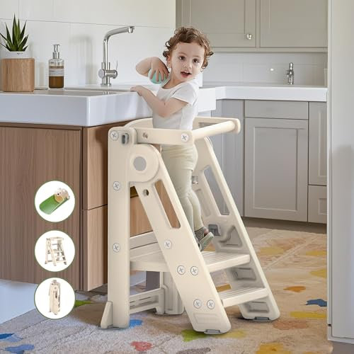 Hoopyosms Lernturm Klappbar für Kinder - Höhenverstellbarer Tritthocker für Küche, Bad und Kinderzimmer, Montessori-Faltbar ab 1 Jahr (Classic, Beige)