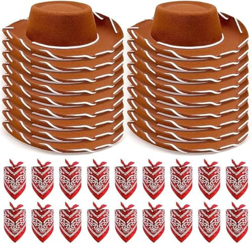 MSYU 36 Pcs Cowboy Hats and Bandanas Bulk Western Cowboy Costume Accessories Party Supplies (Brown)