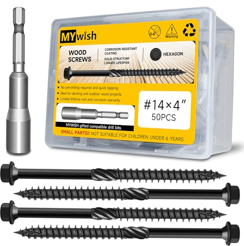 50Pcs 4 Inch Structural Wood Screws, #14 x 4 Heavy Duty Outdoor Wood Screws Assortment Kit, Black Timber Screws Deck Screws 4 Inch, Hex Socket Included Hex Head Log Landscaping Wood Screw by Mywish