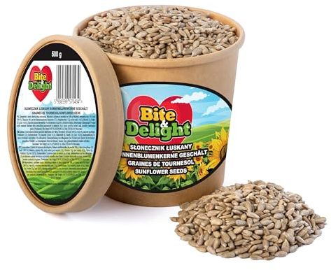 Bite & Delight - 0,5 kg Graines de Tournesol Décortiquées, Nourriture pour Oiseaux Sauvages, Aliment Complet pour Toute l'Année, Été et Hiver, sans Coquille, Sunflower Seeds