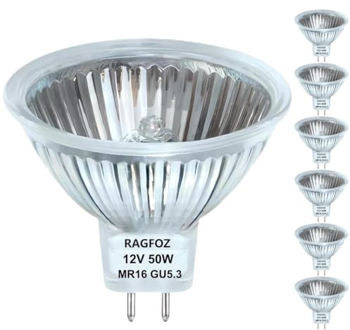 RAGFOZ Mr16 Halogen Bulb 12V 50W,Halogen Light Bulbs 2 pin 50W 12V, GU5.3 Track Light Bulbs for Landscape Lights, Track Lights, Fiber Optics, Desk Lamps, Dimmable, 2700K Warm White 6Pcs