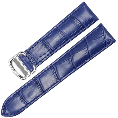 VELORE Klockband för Cartier TANK SOLO RONDE DE Klockor i äkta läder Kedja Vikbart spänne Klockarmband Tillbehör Klocka Armband Bälte(Blue Silver,22mm)