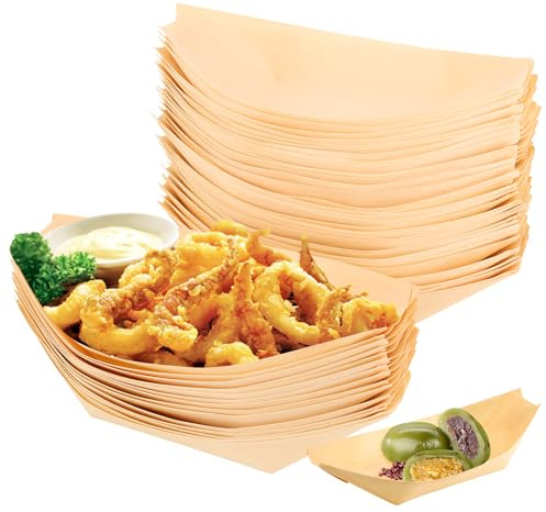 LOBVABA 50 Stück Snackschale，Fingerfood Schüssel，Holzschale Schiffchen，Schiffchen Snackschalen, Essbare Schalen，Schale für Pommes Chips Snacks Dessert Salat Party(7'') 19 * 10cm