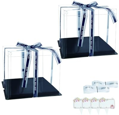 Vebetter 2 Stück Tortenschachtel 17*17*12 cm Tortenkarton Tortenbox Cake Box Transparent Torten Transportboxen Geschenkbox Durchsichtig mit Schwarz Sockel, Band, kleine Karte für Geburtstag Dessert.