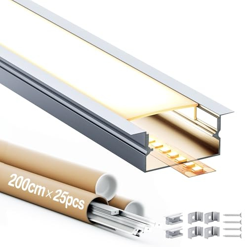 GEEKLUX LED Aluminium Profil 2m 25er Set, Led Schiene für led Streifen bis 15mm, led Kanal mit Diffusor, Endkappen, Montageclips und Schrauben, Perfekt für Möbel-, Decken- und Wandbeleuchtung