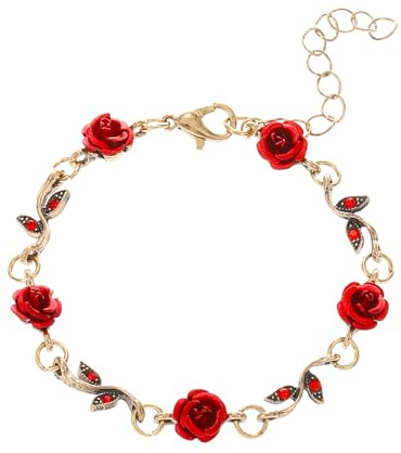 Niaspi röd ros armband för kvinnor flickor läcker berlock kronblad blomma armband justerbar CZ blommor gren kedja armband vintage bohemisk alla hjärtans dag mors dag smycke gåva, En storlek, Metall,
