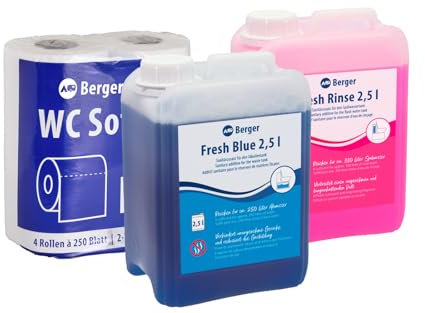 Berger Kit pour toilettes de camping Fresh Blue liquide sanitaire 2,5 l + Berger Fresh Rinse additif pour eau de rinçage 2,5 litres + Pury papier hygiénique doux