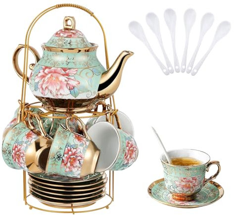 YIK TUNG 20 Pcs Porcelain Tea Set with Metal Holder, Ceramic Tea Cup Set Service for 6, Flower Tea Set for Women Adults, 700ML Teapot,160ML Teacup, Tea Gift Sets for Home Party Wedding (Green)