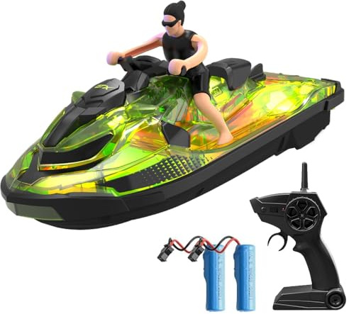 OBEST 2,4 GHz Ferngesteuertes Boot, RC Motorboot Spielzeug für Kinder mit LED-Lichtern und Puppen-Imitat, 2 Batterien, für Schwimmbäder und Seen
