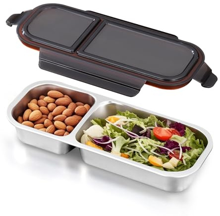 Ugotit Fiambrera Acero Inoxidable - 2 compartimentos, tapa hermética, no térmica, ideal para snacks, oficina o viaje (700 ml, Negro)
