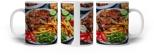 deyoli Tasse à motif Assiette délicieuse avec kebab et frites, une fête pour les sens. 300 ml, en céramique blanche/tasse à café/idée cadeau