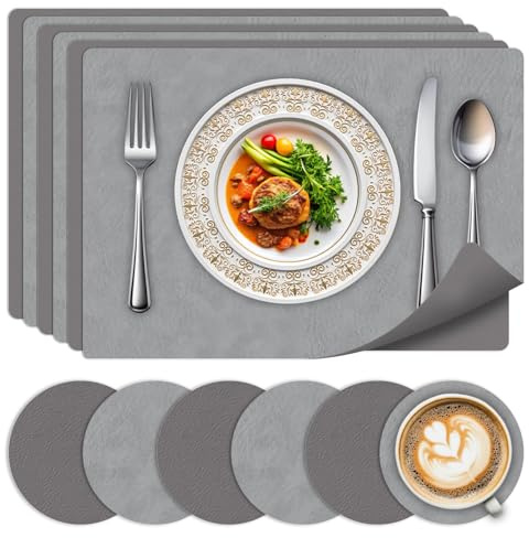 Set di tovagliette e sottobicchieri resistenti al calore 6,16.9“×11.8” | Tovagliette da tavola lavabili su entrambi i lati, con retro antiscivolo per cucina e ristorante (grigio)