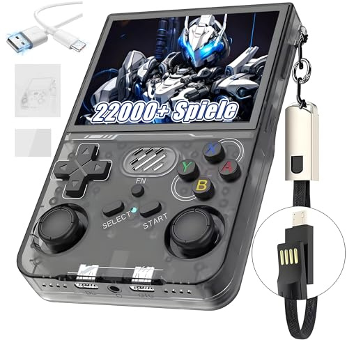 R36XX Retro Handheld Spielekonsole 128G,22000+ Spiele,12 Emulatoren,3000mAh,tragbare Videospielkonsole mit 3.5-Zoll-IPS-OCA-HD-Bildschirm,640*480P,Open Source Linux System,Dual 3D Joystick (Schwarz)
