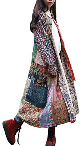 LUZU JUNU Women's Trench Coat Floral Print Jacket Chinese Style Patchwork Outwear(B,XXL)