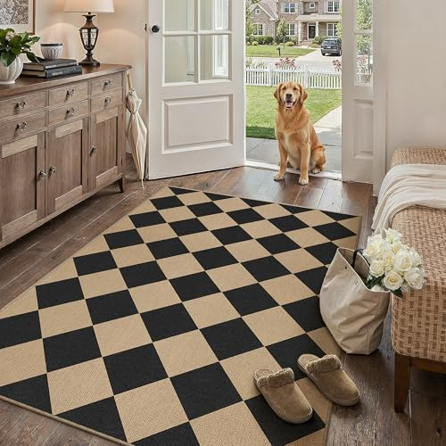 PureCozy 4x6 Checkered Easy Jute Area Rug for Living Room Checkerboard Washable Indoor Outdoor Carpet Farmhouse Patio Office Mat Geometric Non Slip Black Carpet for Dorm Backyard Dining Room