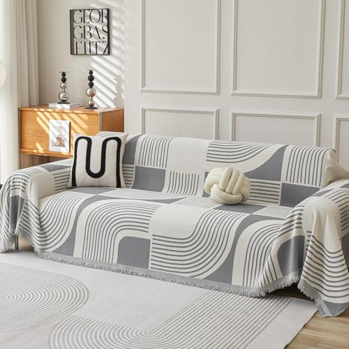WEYOND Boho Sofa Überzug, Sofabezug, Couch Überwurf, 180 x 260 cm, Grau | Chenille Sofa Cover, Waschbar Sofa Überwurfdecke, Sofaschoner Hund & Sofaschutz Katze, Sofahusse für 2/3/4 Sitzer