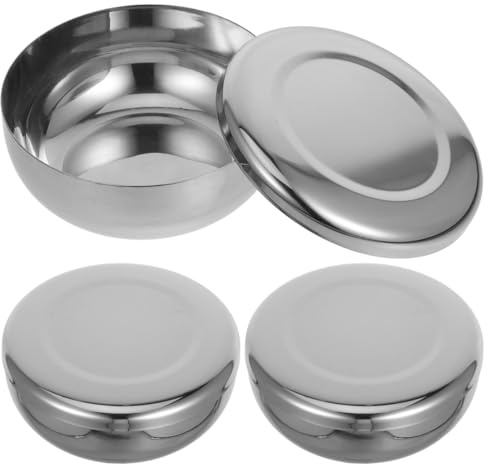 OFFSCH 3 Stück Edelstahl Schüsseln mit Deckel, Koreanische Reisschale | Silber, Leicht und Tragbar, Glatte Oberfläche, Einfach zu Reinigen, Stabile Ausführung