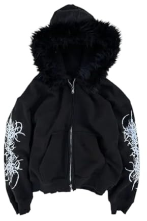 Suncadmious Felpa con Cappuccio da Donna con Stampa Y2K Collo in Pelliccia e Cerniera Stile Preppy con Tasche vestibilità Ampia Stile Gotico Stile Anni 2000