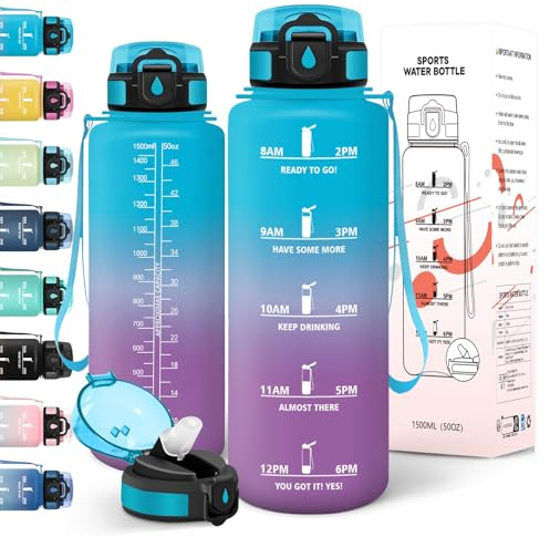 Motswedi Borraccia 1,5 litri, a Prova di Perdite, Borraccia Palestra, senza BPA, Borracce con Cannuccia, Con 2 Tappi, Bottiglia Acqua, Borracce 1 litro, Per Scuola, Ufficio, Sport, Blu Viola