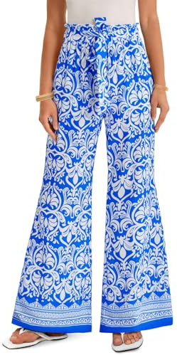 Yousify Wide Leg Boho Pants for Women High Waisted Printed Palazzo Pants Casual Flowy Tie Knot Vacation Trousers with Pockets Blue