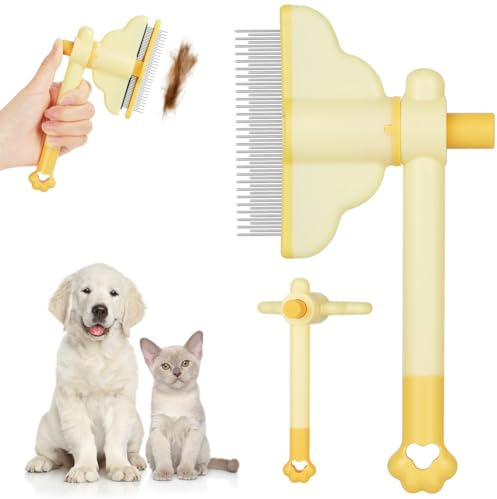OFFCUP Husdjur hår kam, katt och hund loppkam, rostfritt stål långa och korta tänder, roterbart kammar huvud, självrengörande design, lämplig för husdjursvård och hårborttagning (gul)