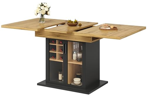 HAINEW Mesa de comedor de cocina con tablero extensible y 2 puertas de cristal, mesa de comedor rectangular de madera con botellero para 4-6 personas, 110-140 × 80 × 76 cm, negro, HNDE25120802