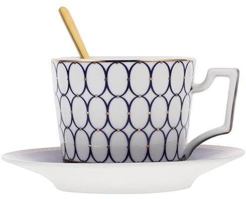 HOMSFOU Juego de Taza de Café de Porcelana Europea Borde Dorado, Platillo y Cuchara Incluidos, Capacidad Estándar, Diseño Clásico Azul, Adecuado para Té y Café en Hogar, Estilo Aleatorio