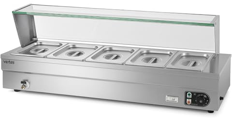VERTES Scaldavivande Bagnomaria Elettrico Professionale(1500W, 5x Contenitori 1/2GN, 10L con Coperchio, Protezione Vetro, Rubinetto Scarico, Acciaio Inox, Temperatura 30-85°C Gradualmente Regolabile)