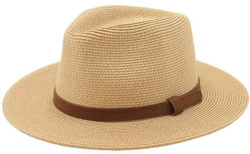Cappello Panama Estivo, Cappello di Paglia Panama per Donna e Uomo Unisex, Cappello a Tesa Larga UPF 50 Pieghevole e Intrecciato Intensivo, Marrone Nastro Pelle, 57