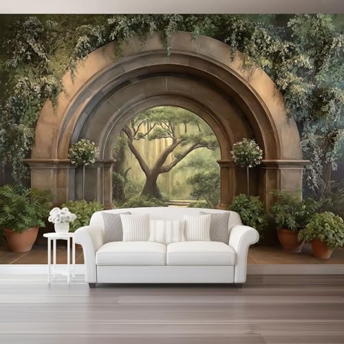 Papier Peint Forêt Enchantée sous Arche Fantastique - Art Mural Imprimé en Non-Tissé, Tapisserie Vert – Poster Mural Effet 3D, Tapisserie Intissé pour Chambre Enfant, Ado et Bureau,350 x 256(WxH)