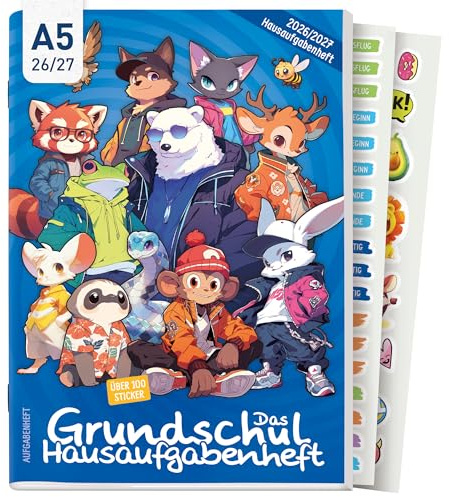 Häfft® Hausaufgabenheft Grundschule 2026 2027 A5 mit Datum Rasselbande | mit Pädagogen entwickeltes Grundschul-Hausaufgabenheft inkl. Lerntipps, Sticker, Mitteilungsfelder & mehr