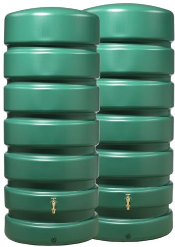 GARANTIA Classico Regentonne Set 1300 Liter dunkelgrün, 2 x Classico 650 Liter inkl. Verbinder - Wassertank, Regenfass, Regenwassertonne, Wassertonne, Wasserbehälter, Wandtank, Zisterne