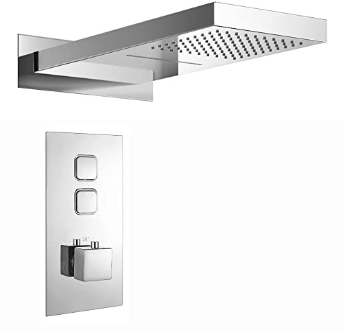 ENKI SH0019 Spello Thermostatic Concealed 2 Outlet Shower System, Chrome | Solid Brass, Rainfall, Rainfall Shower Head, Handset & Hose, Shower Mixer Set, Bathroom
