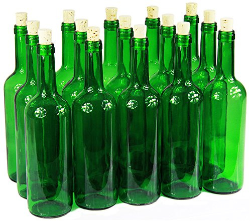 Bottiglia da vino, 750 ml, con/senza tappo di sughero, bottiglia vuota in vetro, per vino, liquore, 3 colori, verde, 16 Stk. mit Korken