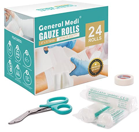 General Medi Conforming Bandage,24 Pack Gauze Bandage Rolls with Bonus Medical Tape + Premium Scissors, 10cm x 4.5m Stretched，Non-Sterile