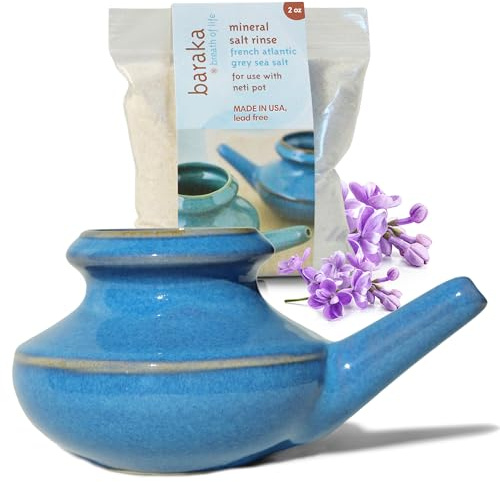 Baraka USA Ceramic Neti Pot w/ 2oz Mineral Sea Salt – Saline Nasal Rinse for Seasonal Congestion, Nasal Flush for Sinus Relief, Dishwasher Safe, Lightweight & Easy to Use - No Box Starter Kit (Blue)