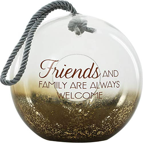 Pavilion Gift Company Friends and Family are Always Welcome-11.5 Inch Copper Glitter Candle Holder Blown Glass Lantern with Rope, Brown