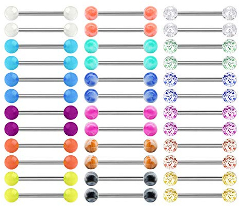 Mayhoop 14G 36Pcs Stainless Steel Nipple Rings Tongue Rings Straight Barbell Bars Piercing 16mm in Length For Women Men