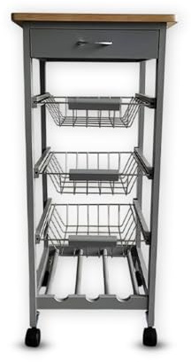 HYGRAD BUILT TO SURVIVE Kitchen Trolley Wooden 3 Tier Rolling Organiser Cart (3 Basket + 1 Wine Rack) Utility Storage Cart with Drawers Wheels for Dining Room (Grey)