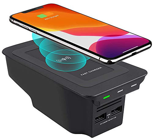 Braveking1 Wireless Car Charger for Volvo S90 V90 XC90 XC60 V60 S60 2020 2019 Center Console Accessory Panel, 10W Qi Fast Charging Phone Charger Pad with Dual 18W QC3.0 USB Ports for iPhone Samsung