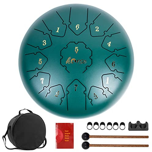 Tongue Drum Horse 12 Inch 13 Tones Steel Handpan Tongue Drum Tank Drum C Key Percussion Kit with Drum Mallets Note Sticker Finger Picks Mallet Holder and Carry Bag Grün