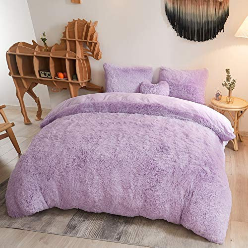 MEGO Luxury Shaggy Faux Fur Duvet Cover Set, Ultra Soft 2 Pieces Fluffy Comforter Cover Set, Fuzzy Bedding Set Lavender Purple(1 Plush Furry Duvet Cover + 1 Pillow Case), Zipper Closure(Twin, Orchid)
