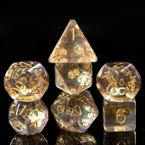 cusdie Set di 7 dadi poliedrici riempiti con ingranaggi, per giochi di ruolo, Dungeons and Dragons, D&D (galassia)