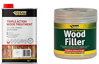 Everbuild Triple Action (Kills, Protects and Preserves) Wood Treatment, Clear, 1 Litre & Everbuild EVBMPWFLS250 Multi-Purpose Wood Filler, Light Stainable, 250 ml