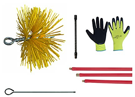 Kit Spazzacamino Pulizia Canne Fumarie Scovolo Tondo in Nylon da 30 Prolunga con molla e con manico Aste filettate estensibili e modulabili fino a 6 metri Guanti in OMAGGIO