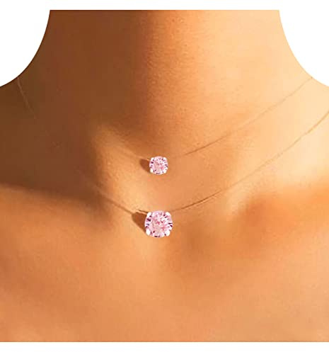 Collier transparent Petit ou Grand Pendentif en Crystallized- Pure Brillance™ - Bijoux femme en Fil de nylon invisible, ras de cou de la clavicule